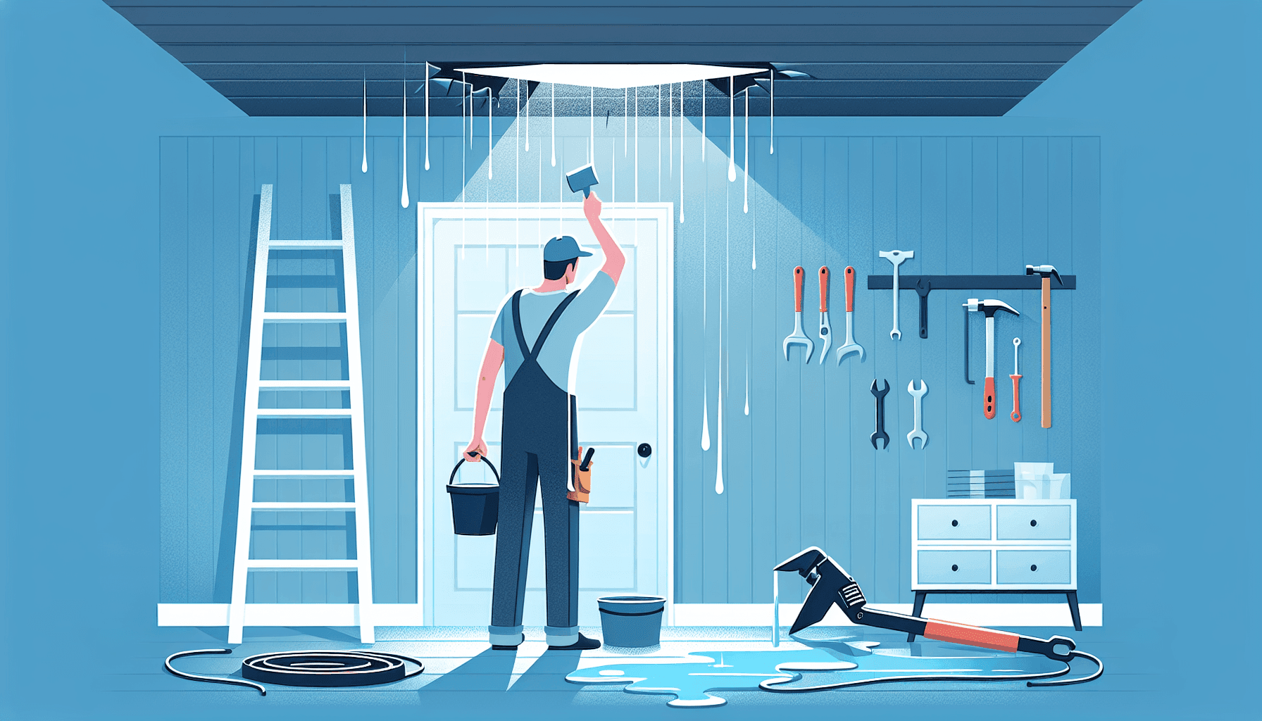 Homeowner placing bucket under dripping ceiling during roof leak