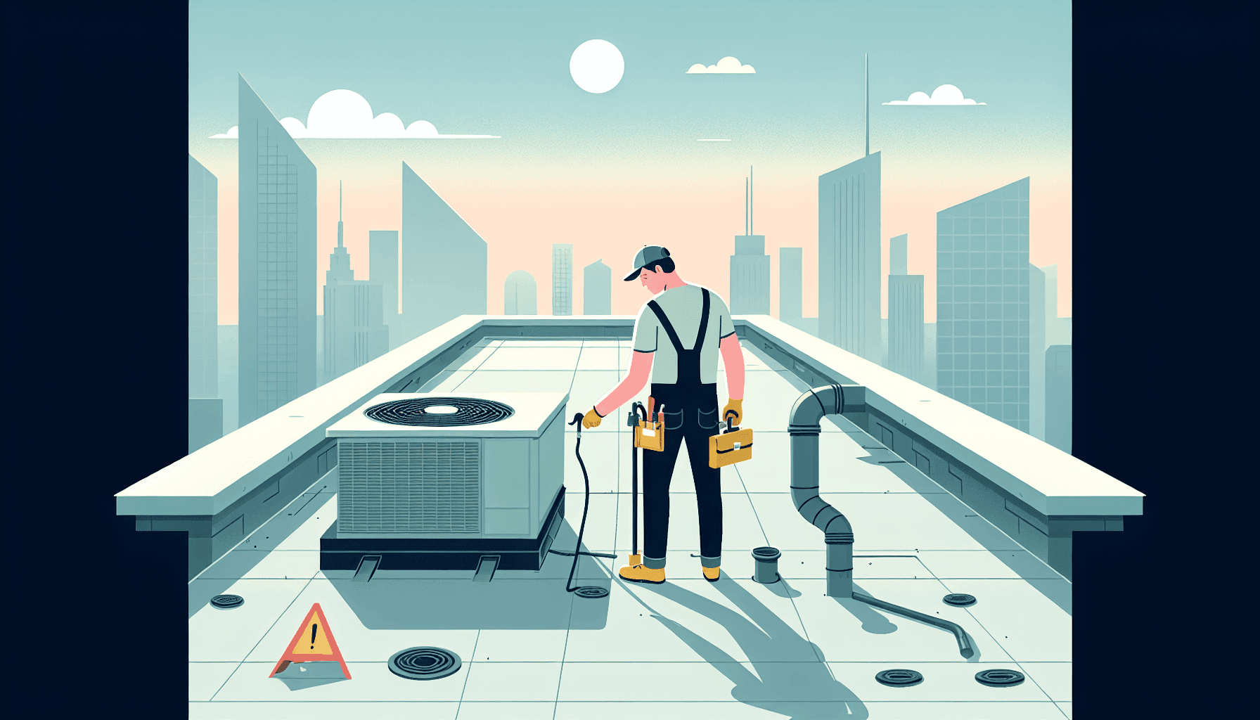 Flat commercial roof with HVAC and maintenance worker