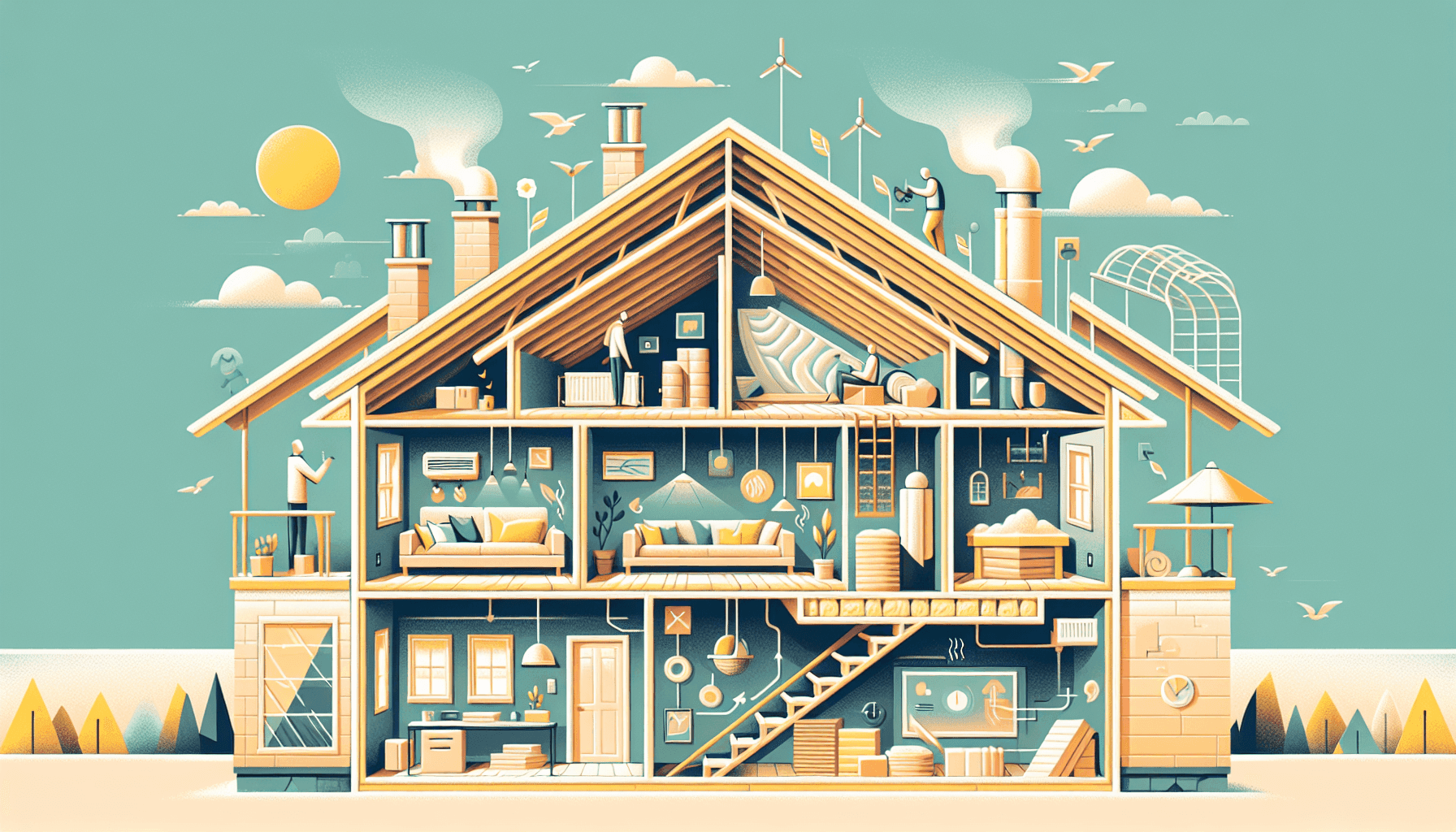 Attic with proper roof ventilation and insulation layers